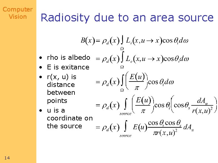 Computer Vision Radiosity due to an area source • rho is albedo • E