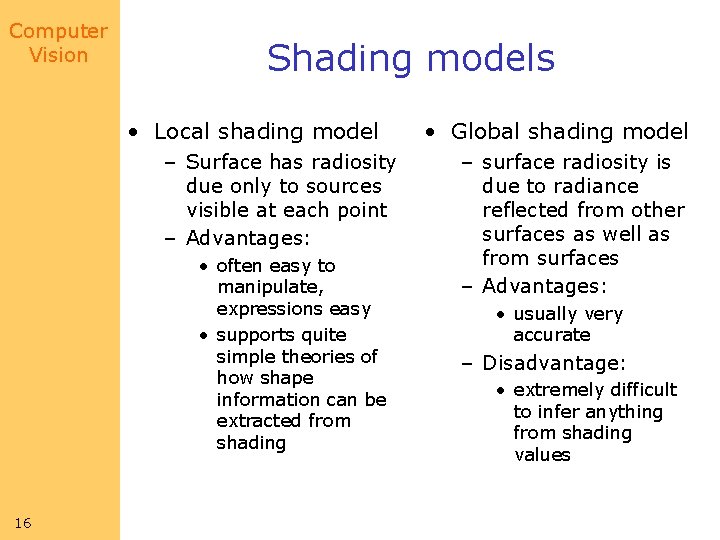Computer Vision Shading models • Local shading model – Surface has radiosity due only