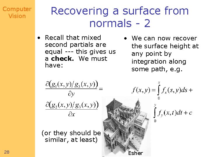 Computer Vision Recovering a surface from normals - 2 • Recall that mixed second