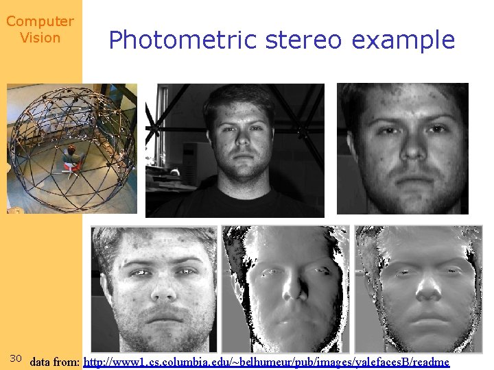 Computer Vision 30 Photometric stereo example data from: http: //www 1. cs. columbia. edu/~belhumeur/pub/images/yalefaces.