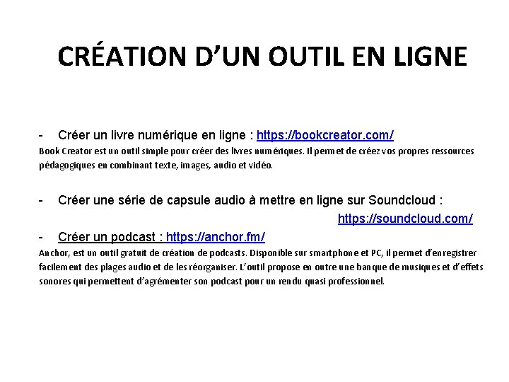 CRÉATION D’UN OUTIL EN LIGNE - Créer un livre numérique en ligne : https: