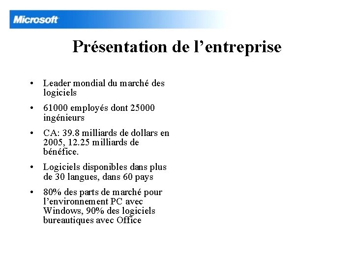 Présentation de l’entreprise • Leader mondial du marché des logiciels • 61000 employés dont