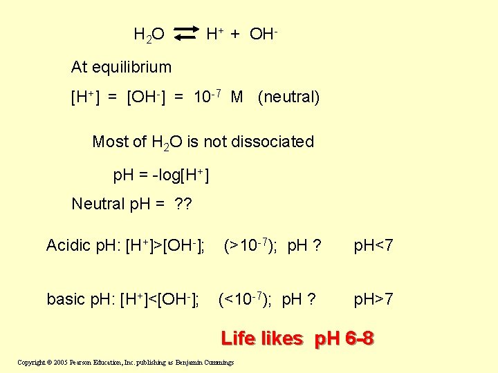 H 2 O H+ + OH- At equilibrium [H+] = [OH-] = 10 -7