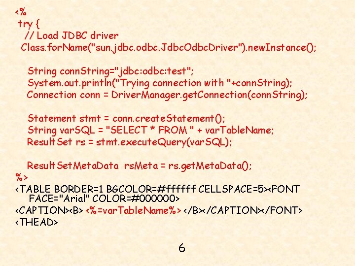 <% try { // Load JDBC driver Class. for. Name("sun. jdbc. odbc. Jdbc. Odbc.