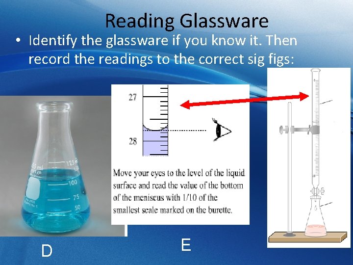 Reading Glassware • Identify the glassware if you know it. Then record the readings