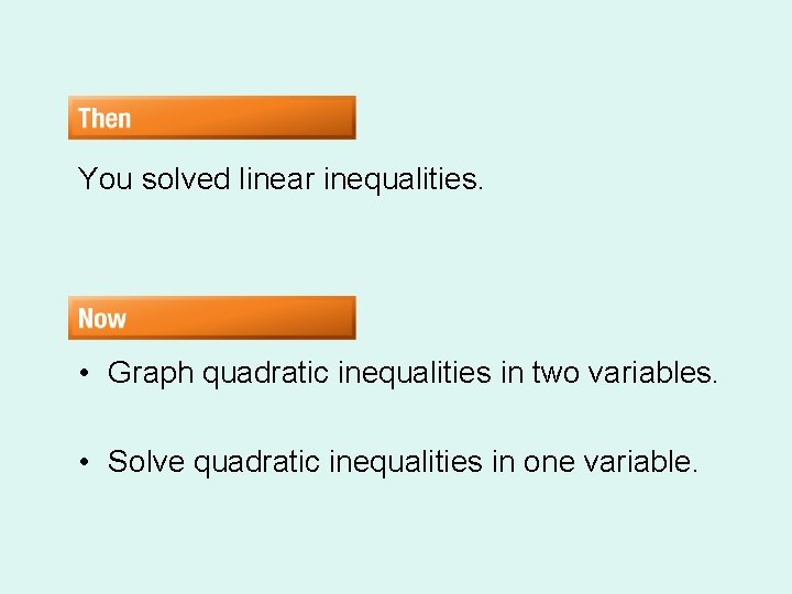 You solved linear inequalities. • Graph quadratic inequalities in two variables. • Solve quadratic