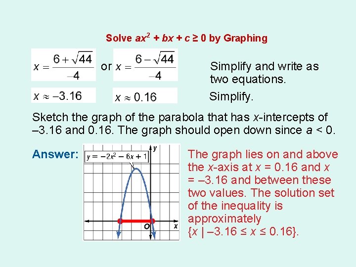 Solve ax 2 + bx + c ≥ 0 by Graphing or Simplify and