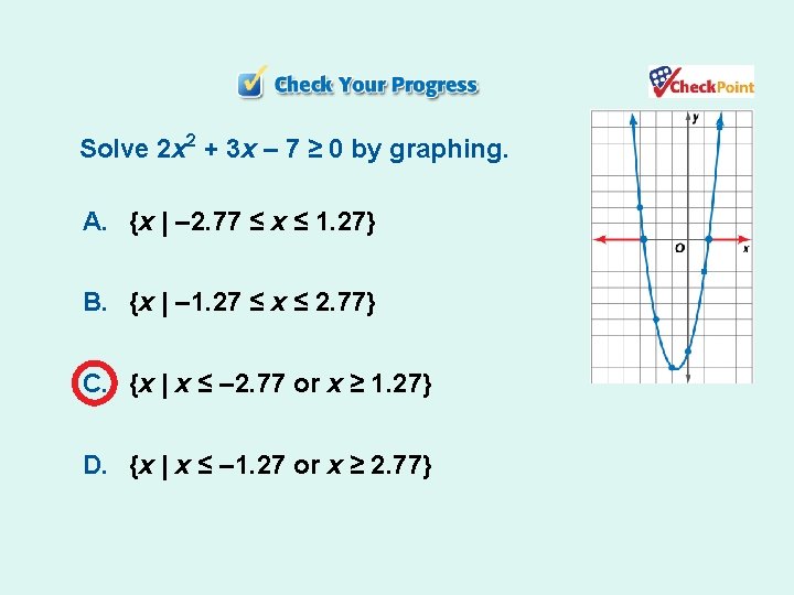 Solve 2 x 2 + 3 x – 7 ≥ 0 by graphing. A.