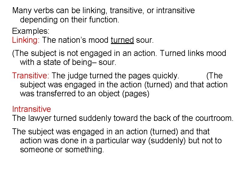 Many verbs can be linking, transitive, or intransitive depending on their function. Examples: Linking:
