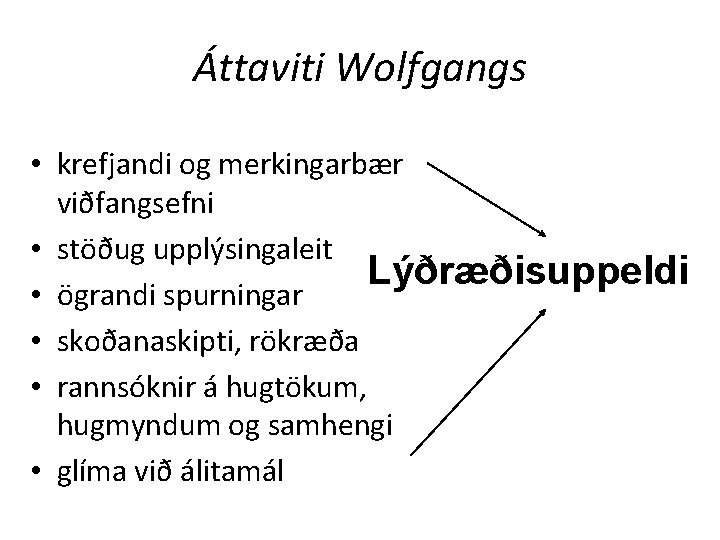 Áttaviti Wolfgangs • krefjandi og merkingarbær viðfangsefni • stöðug upplýsingaleit Lýðræðisuppeldi • ögrandi spurningar