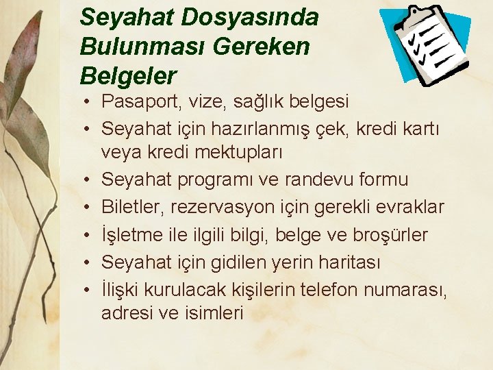 Seyahat Dosyasında Bulunması Gereken Belgeler • Pasaport, vize, sağlık belgesi • Seyahat için hazırlanmış