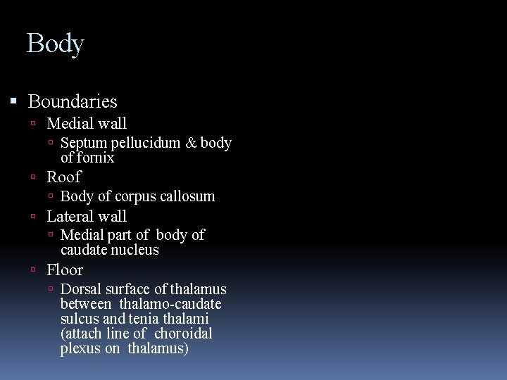 Body Boundaries Medial wall Septum pellucidum & body of fornix Roof Body of corpus