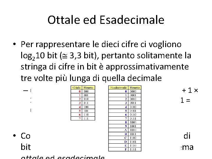 Ottale ed Esadecimale • Per rappresentare le dieci cifre ci vogliono log 210 bit