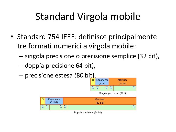 Standard Virgola mobile • Standard 754 IEEE: definisce principalmente tre formati numerici a virgola