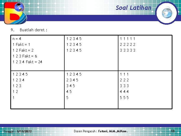 Soal Latihan 9. Buatlah deret : n=4 1 Fakt = 1 1 2 Fakt