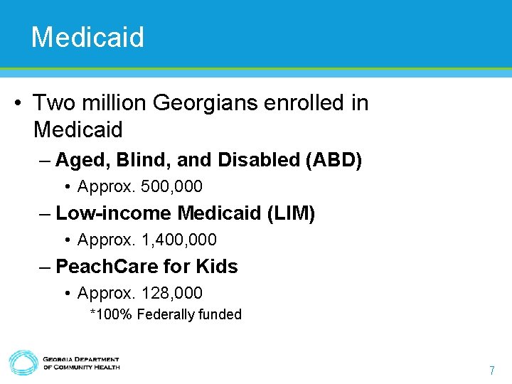 Medicaid • Two million Georgians enrolled in Medicaid – Aged, Blind, and Disabled (ABD)