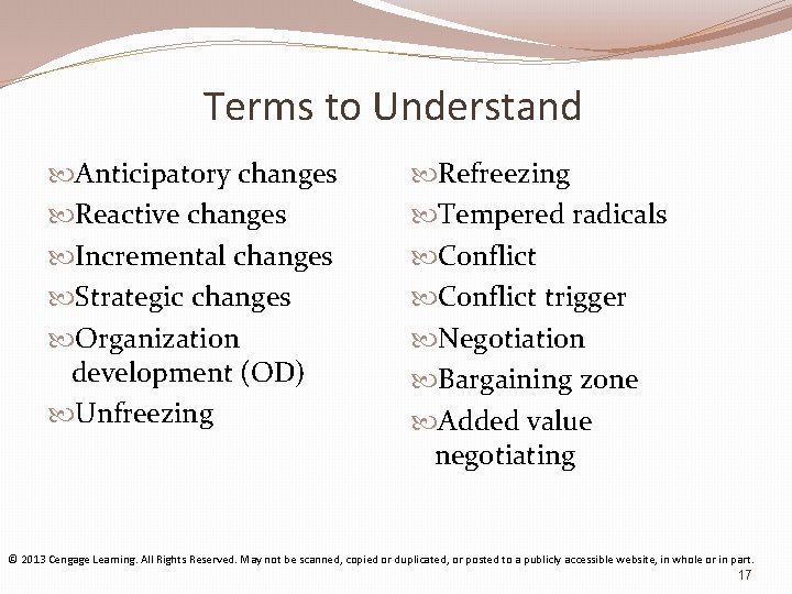 Terms to Understand Anticipatory changes Reactive changes Incremental changes Strategic changes Organization development (OD)