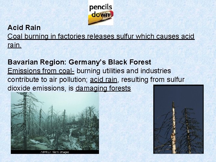 Acid Rain Coal burning in factories releases sulfur which causes acid rain. Bavarian Region: