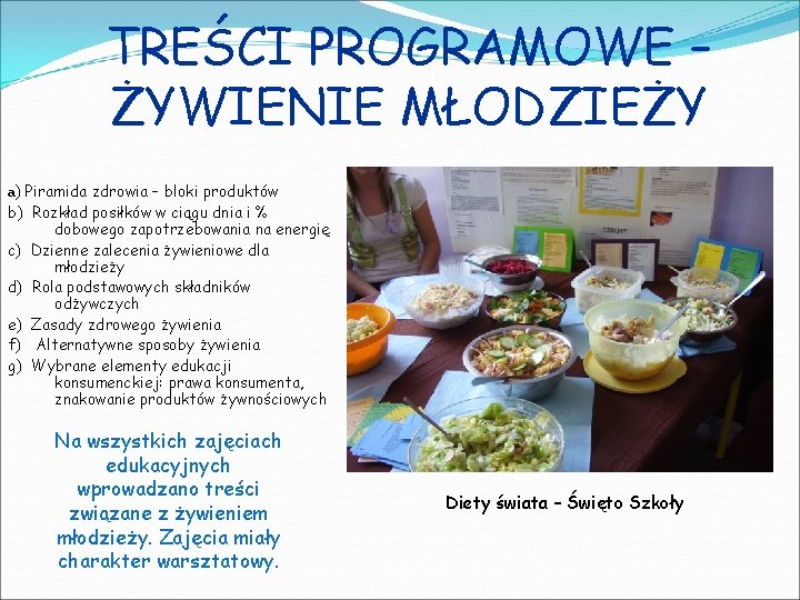 TREŚCI PROGRAMOWE – ŻYWIENIE MŁODZIEŻY a) Piramida zdrowia – bloki produktów b) Rozkład posiłków