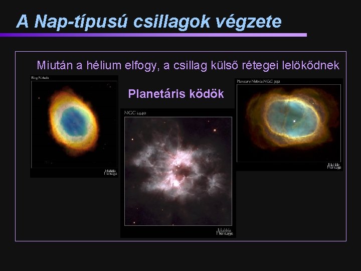 A Nap-típusú csillagok végzete Miután a hélium elfogy, a csillag külső rétegei lelökődnek Planetáris