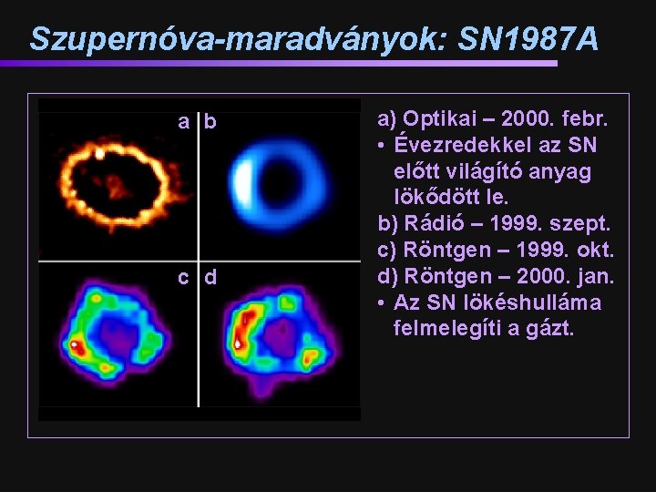 Szupernóva-maradványok: SN 1987 A a b c d a) Optikai – 2000. febr. •