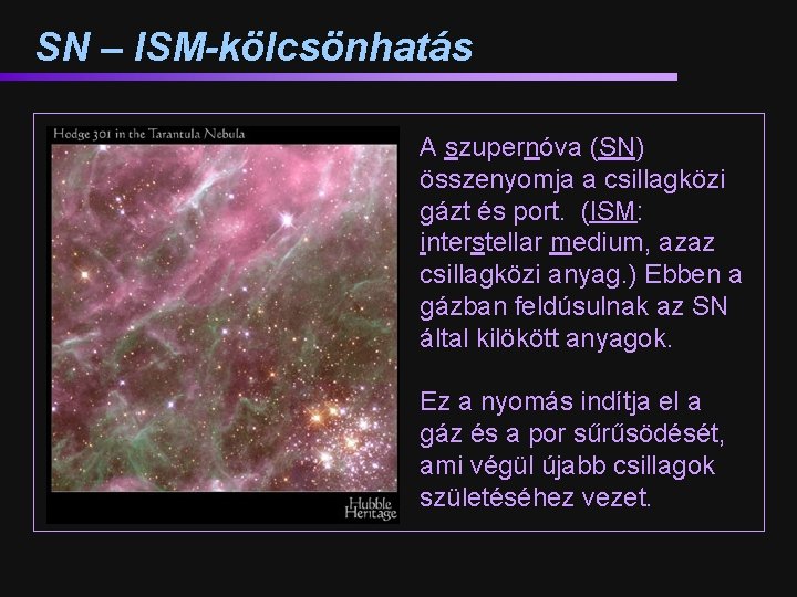 SN – ISM-kölcsönhatás A szupernóva (SN) összenyomja a csillagközi gázt és port. (ISM: interstellar