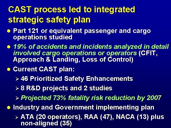 CAST process led to integrated strategic safety plan Part 121 or equivalent passenger and