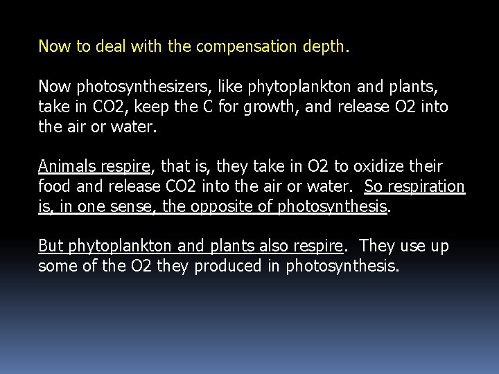 Now to deal with the compensation depth. Now photosynthesizers, like phytoplankton and plants, take
