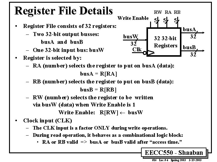 Register File Details RW RA RB Write Enable 5 5 5 • Register File