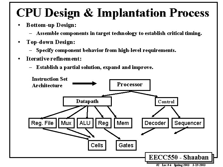 CPU Design & Implantation Process • Bottom-up Design: – Assemble components in target technology