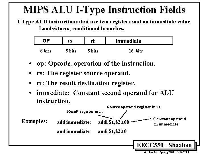 MIPS ALU I-Type Instruction Fields I-Type ALU instructions that use two registers and an