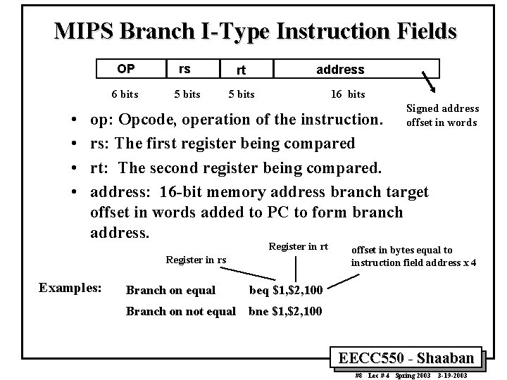 MIPS Branch I-Type Instruction Fields • • OP rs rt 6 bits 5 bits