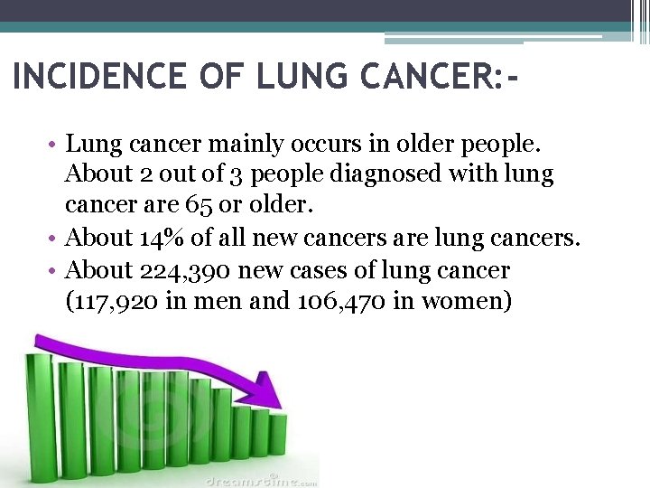 INCIDENCE OF LUNG CANCER: • Lung cancer mainly occurs in older people. About 2