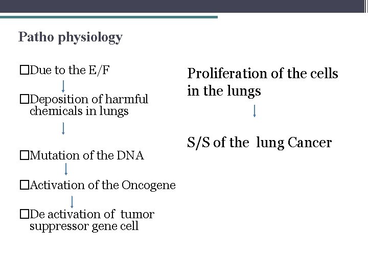 Patho physiology �Due to the E/F �Deposition of harmful chemicals in lungs �Mutation of