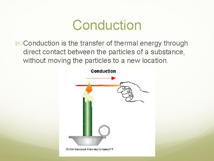 Conduction is the transfer of thermal energy through direct contact between the particles of