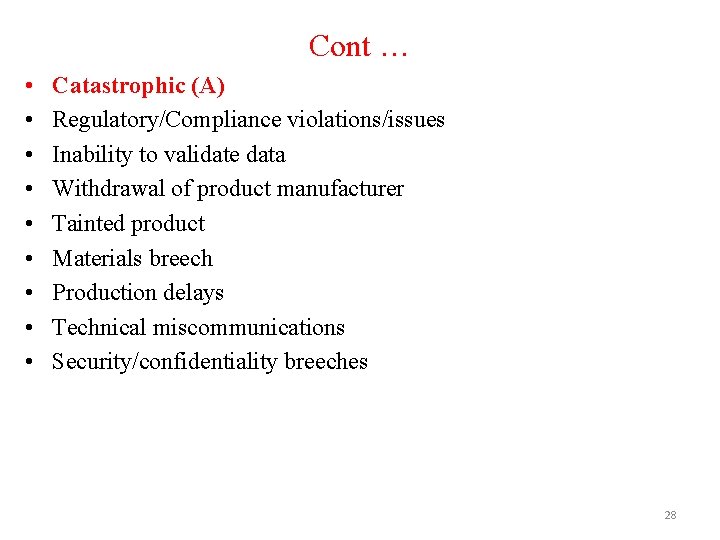Cont … • • • Catastrophic (A) Regulatory/Compliance violations/issues Inability to validate data Withdrawal