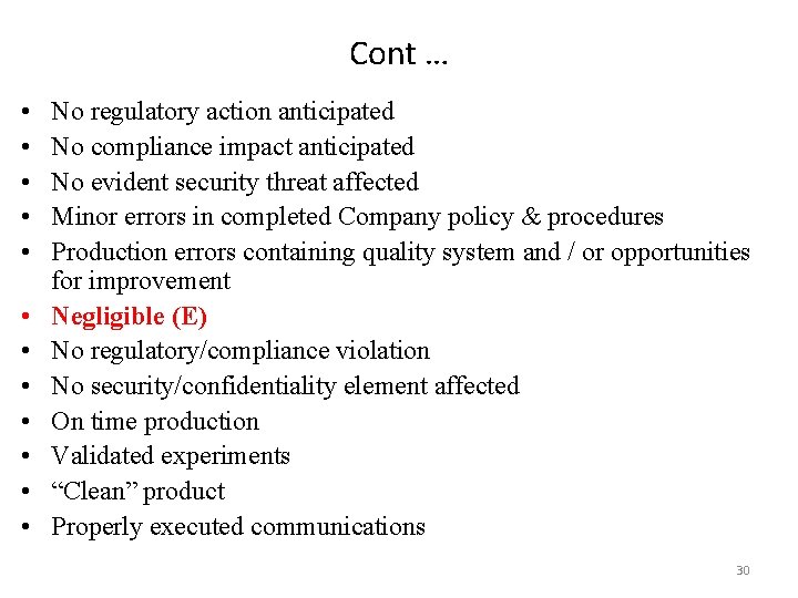 Cont … • • • No regulatory action anticipated No compliance impact anticipated No