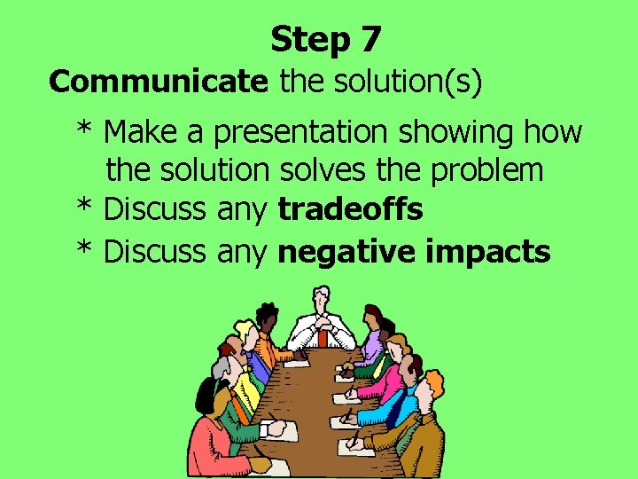 Step 7 Communicate the solution(s) * Make a presentation showing how the solution solves