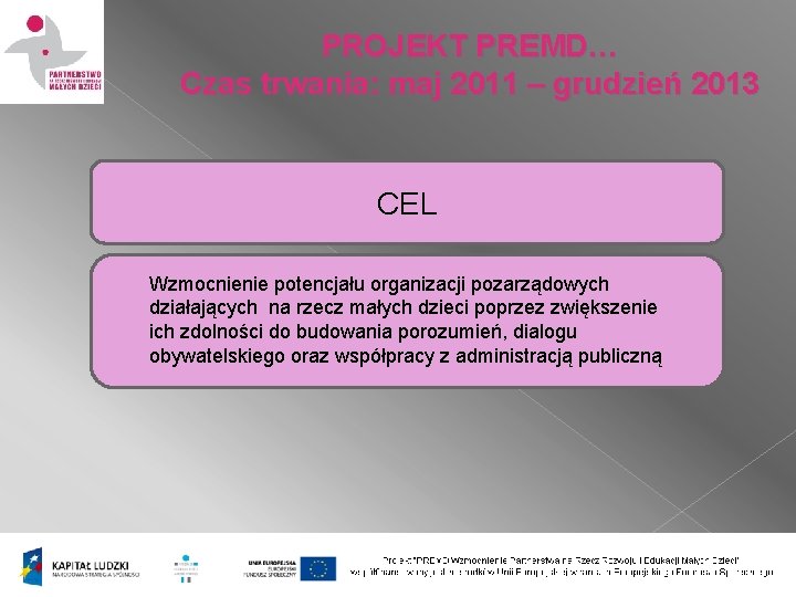 PROJEKT PREMD… Czas trwania: maj 2011 – grudzień 2013 CEL Wzmocnienie potencjału organizacji pozarządowych