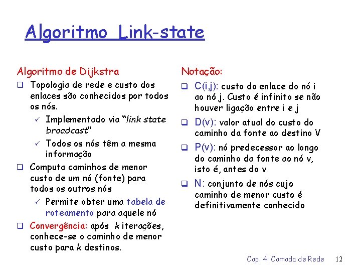 Algoritmo Link-state Algoritmo de Dijkstra q Topologia de rede e custo dos enlaces são