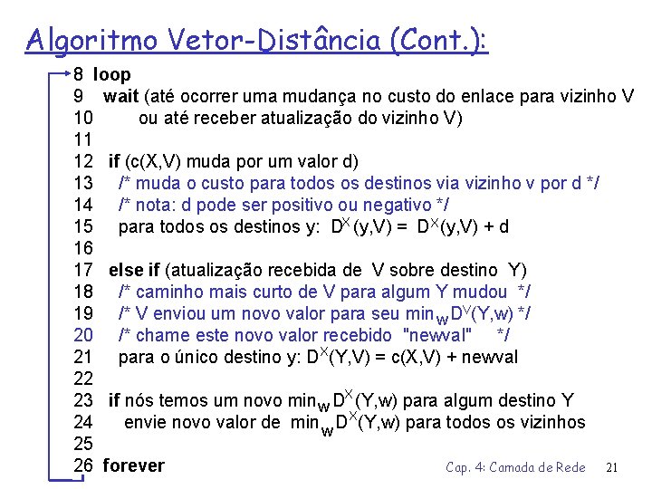 Algoritmo Vetor-Distância (Cont. ): 8 loop 9 wait (até ocorrer uma mudança no custo