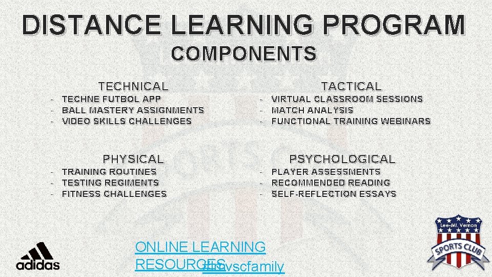 DISTANCE LEARNING PROGRAM COMPONENTS TECHNICAL - TECHNE FUTBOL APP BALL MASTERY ASSIGNMENTS VIDEO SKILLS