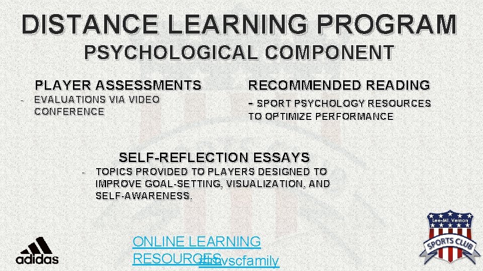 DISTANCE LEARNING PROGRAM PSYCHOLOGICAL COMPONENT PLAYER ASSESSMENTS - EVALUATIONS VIA VIDEO CONFERENCE RECOMMENDED READING