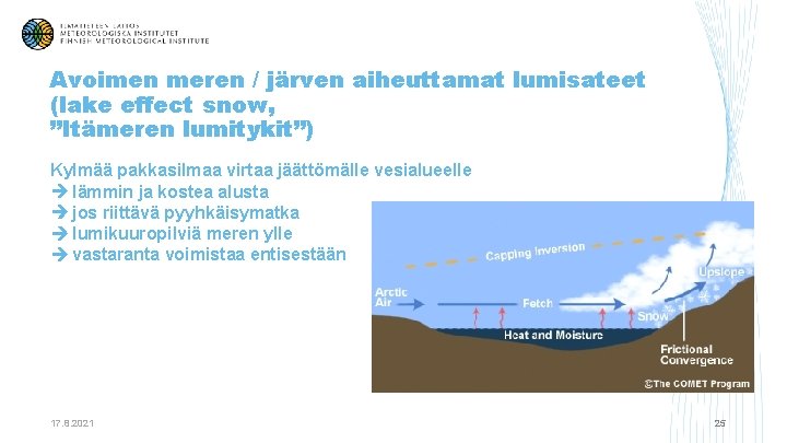 Avoimen meren / järven aiheuttamat lumisateet (lake effect snow, ”Itämeren lumitykit”) Kylmää pakkasilmaa virtaa