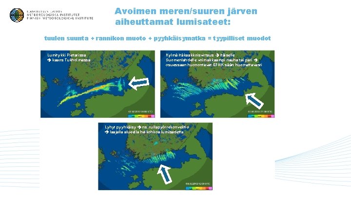 Avoimen meren/suuren järven aiheuttamat lumisateet: tuulen suunta + rannikon muoto + pyyhkäisymatka = tyypilliset