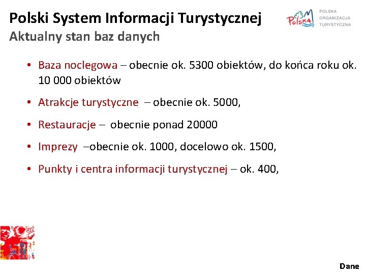 Polski System Informacji Turystycznej Aktualny stan baz danych • Baza noclegowa – obecnie ok.