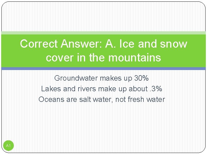 Correct Answer: A. Ice and snow cover in the mountains Groundwater makes up 30%