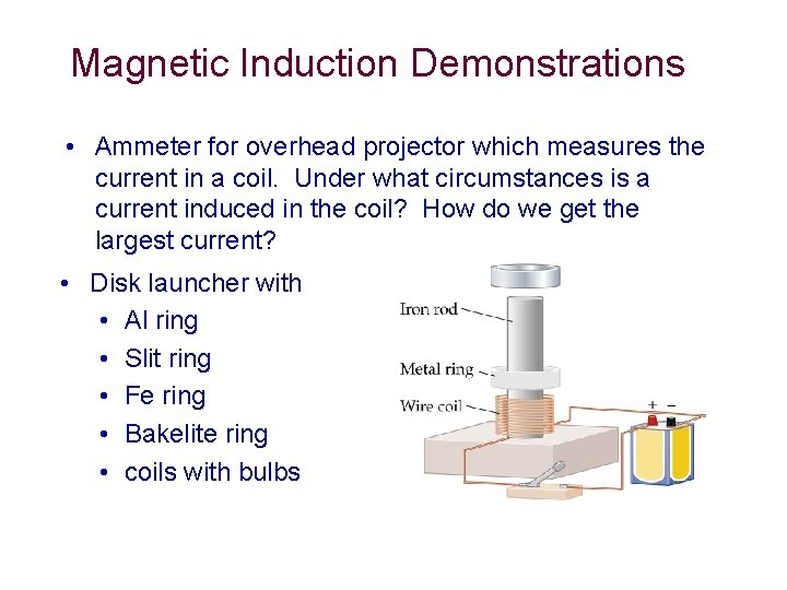 Magnetic Induction Demonstrations • Ammeter for overhead projector which measures the current in a