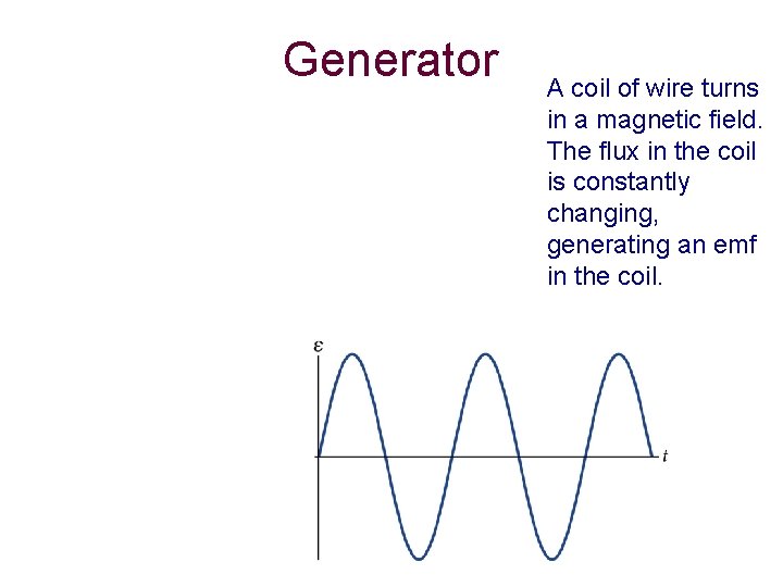 Generator A coil of wire turns in a magnetic field. The flux in the Generator A coil of wire turns in a magnetic field. The flux in the