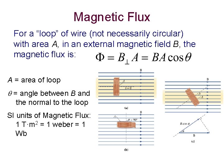 Magnetic Flux For a “loop” of wire (not necessarily circular) with area A, in